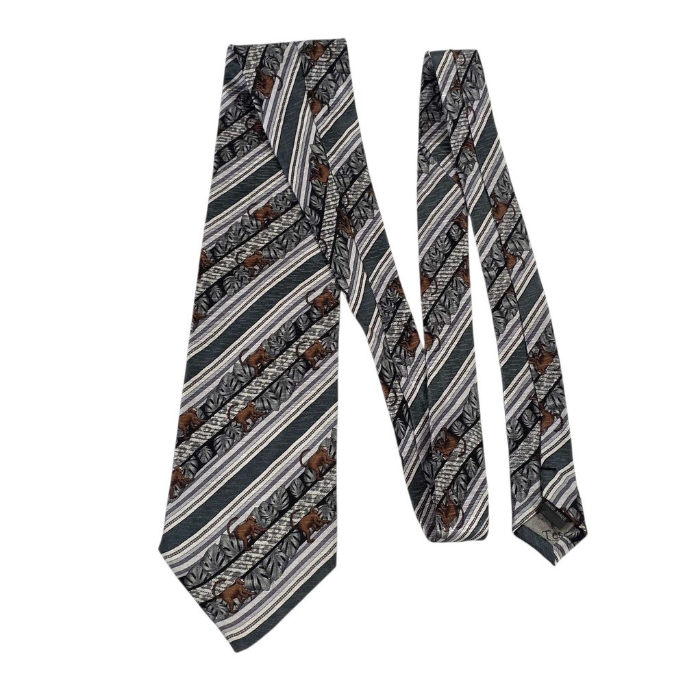 Tesoro Rosso Silk Animal Print Necktie Men's Formal Green Hand Made Monkeys